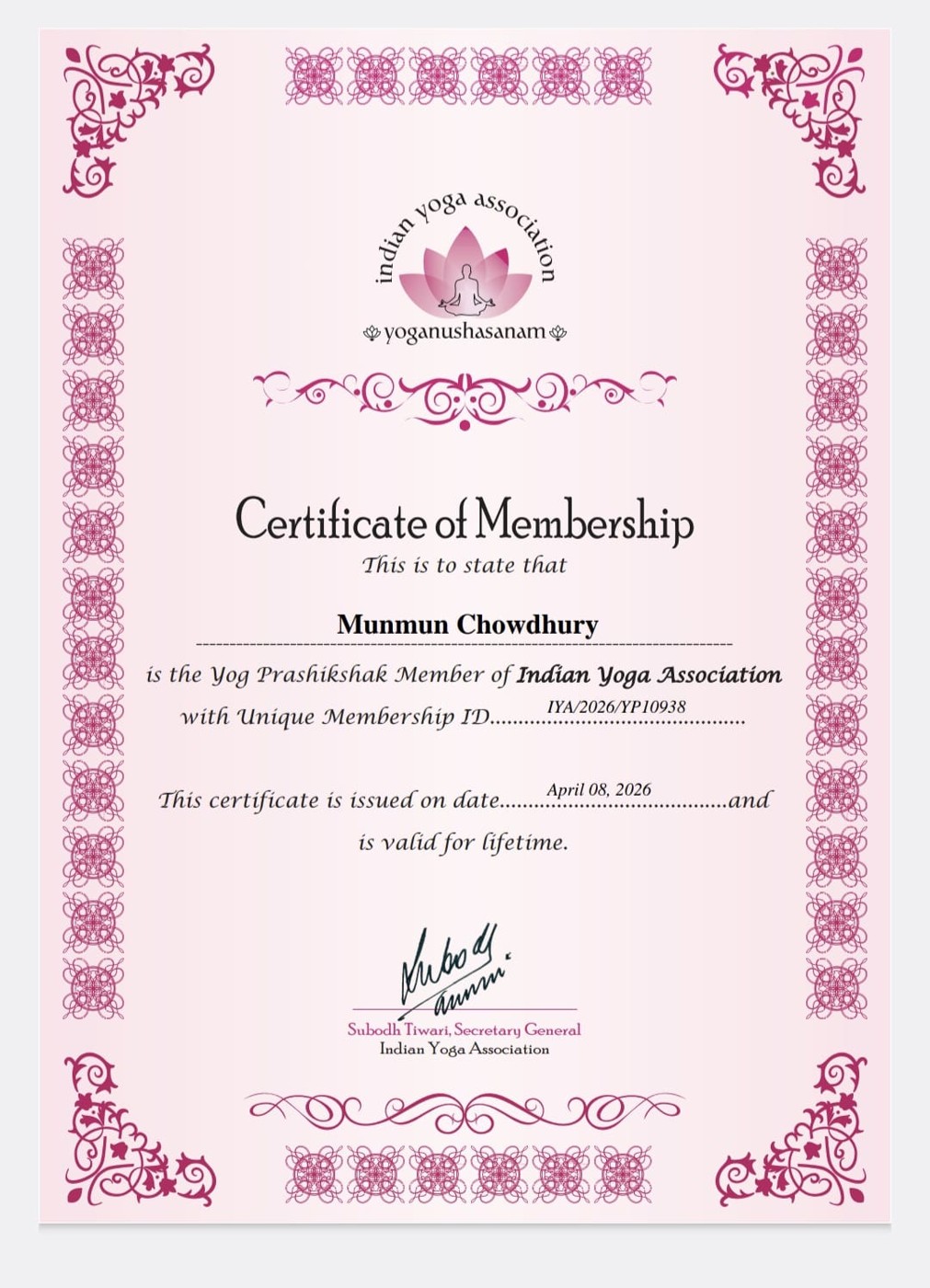 IYA membership certificate
